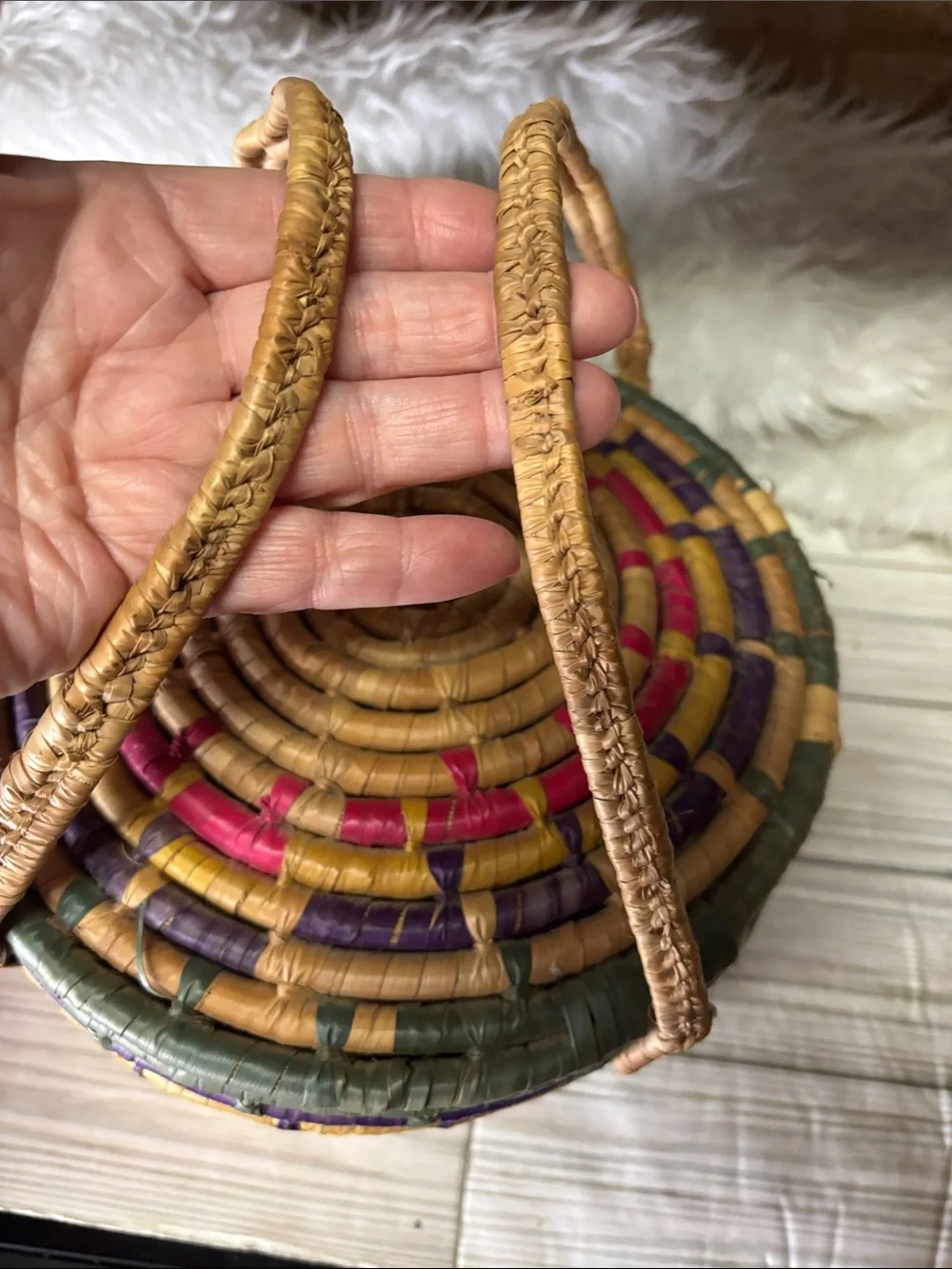 Boho Woven Basket Colorful with handles Sewing Storage Home Decor Dining